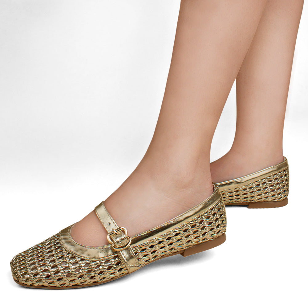 Flats tipo balerinas doradas para mujer tejidas con pulsera en empeine de piso