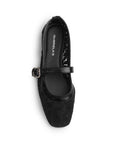 Vista superior de flats tipo balerinas negras de piso para mujer con bordado floral transparente y hebilla moderna en correa ajustable 
