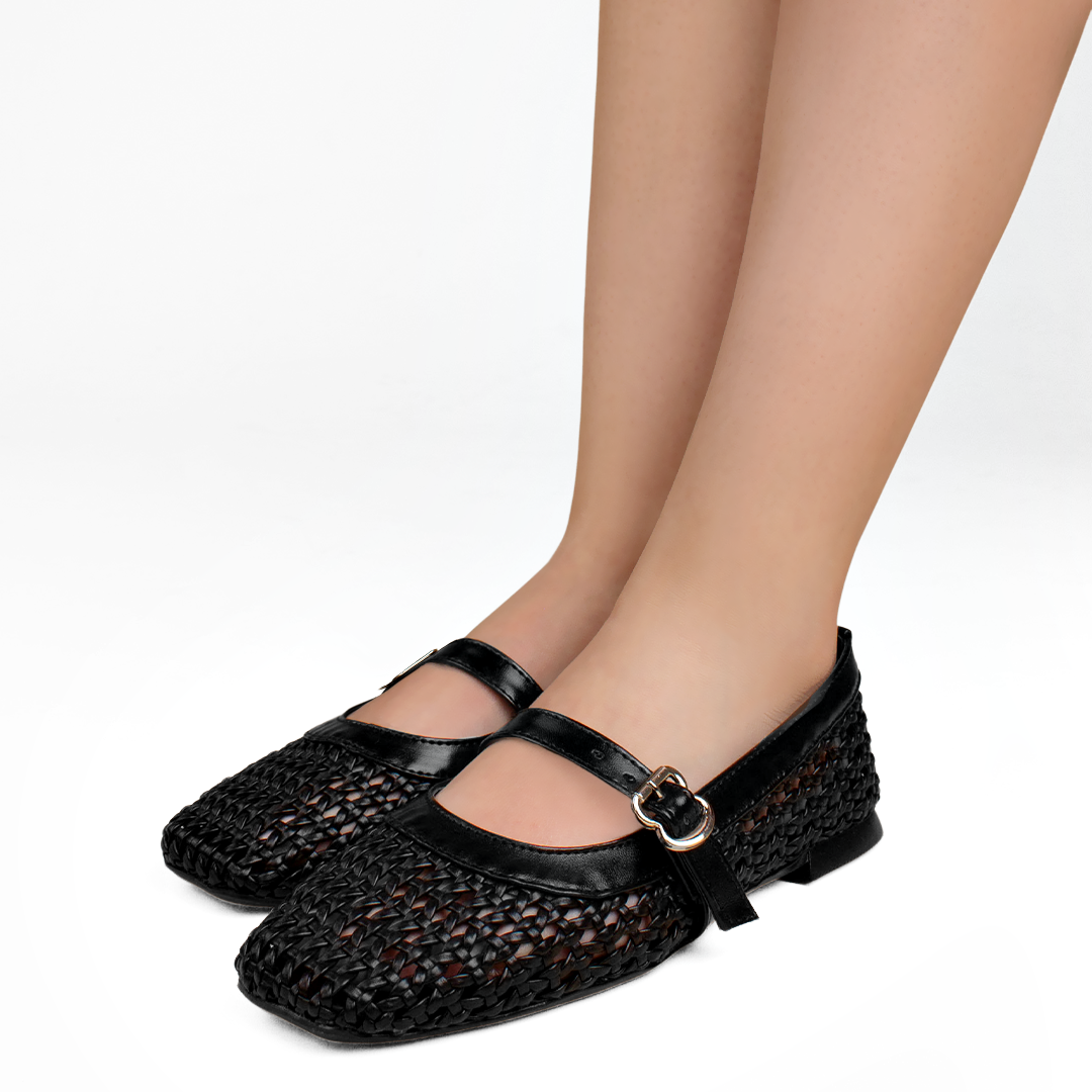 Flats tipo balerinas negras para mujer tejidas con pulsera en empeine de piso