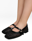Flats tipo balerinas negras para mujer tejidas con pulsera en empeine de piso