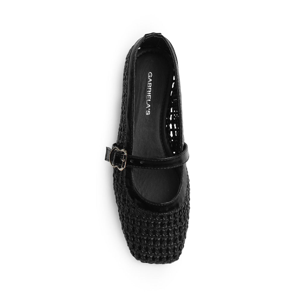 Vista superior de flats negros tipo balerinas para mujer con pulsera ajustable en empeine 