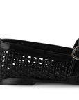 Vista trasera de flats tipo balerinas negras de piso para mujer tejidos con pulsera en empeine ajustable