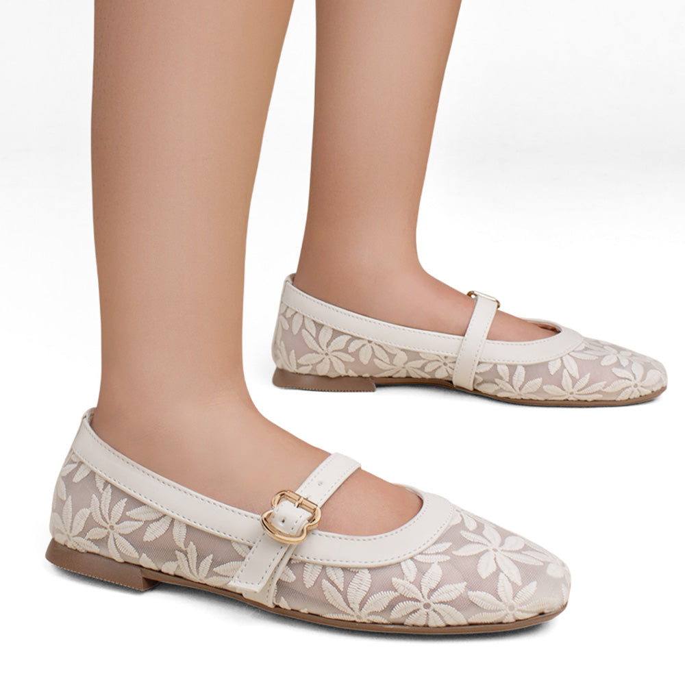 Flats tipo balerinas beige de piso para mujer con bordado floral hebilla moderna y pulsera ajustable