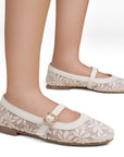 Flats tipo balerinas beige de piso para mujer con bordado floral hebilla moderna y pulsera ajustable