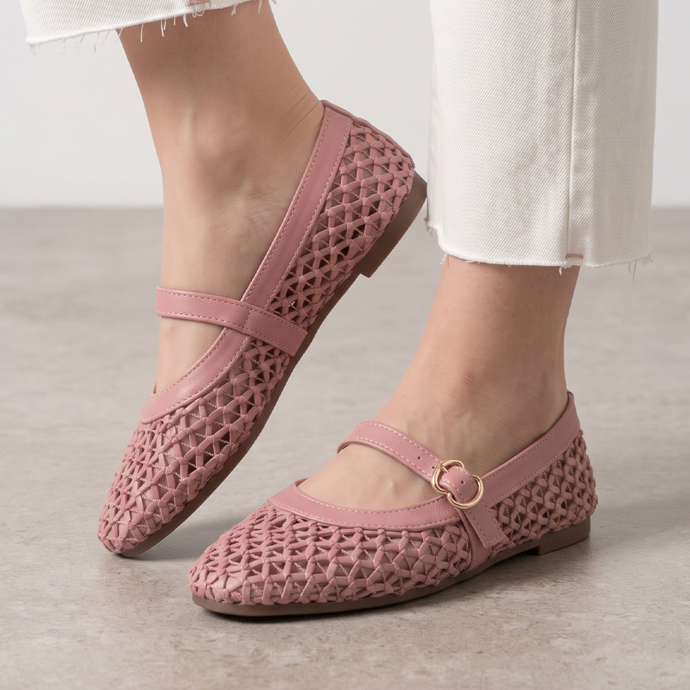 Flats tipo balerinas rosas para mujer tejidas con pulsera en empeine de piso