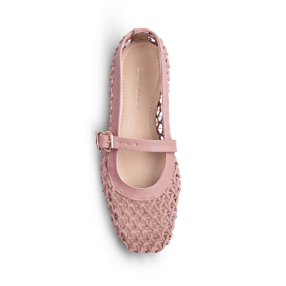 Vista superior de flats rosas tipo balerina para mujer con pulsera ajustable en empeine 