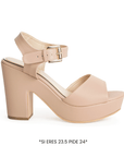 Vista lateral de zapatilla maquillaje para mujer con hebilla ajustable y tacón medio de 10cm