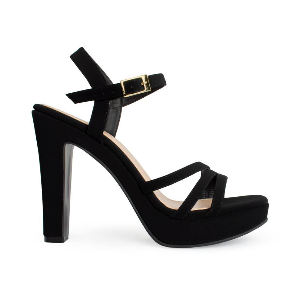 Vista lateral de zapatilla negra para mujer con tiras cruzadas y tacón alto de 11cm