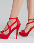 Zapatillas rojas para mujer con tiras cruzadas, ajuste cierre trasero y tacón alto de 12cm