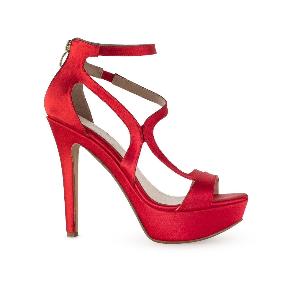 Vista lateral de zapatilla roja para mujer con tiras cruzadas diseño descibierto y tacón alto de 12cm