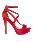 Vista lateral de zapatilla roja para mujer con tiras cruzadas diseño descibierto y tacón alto de 12cm