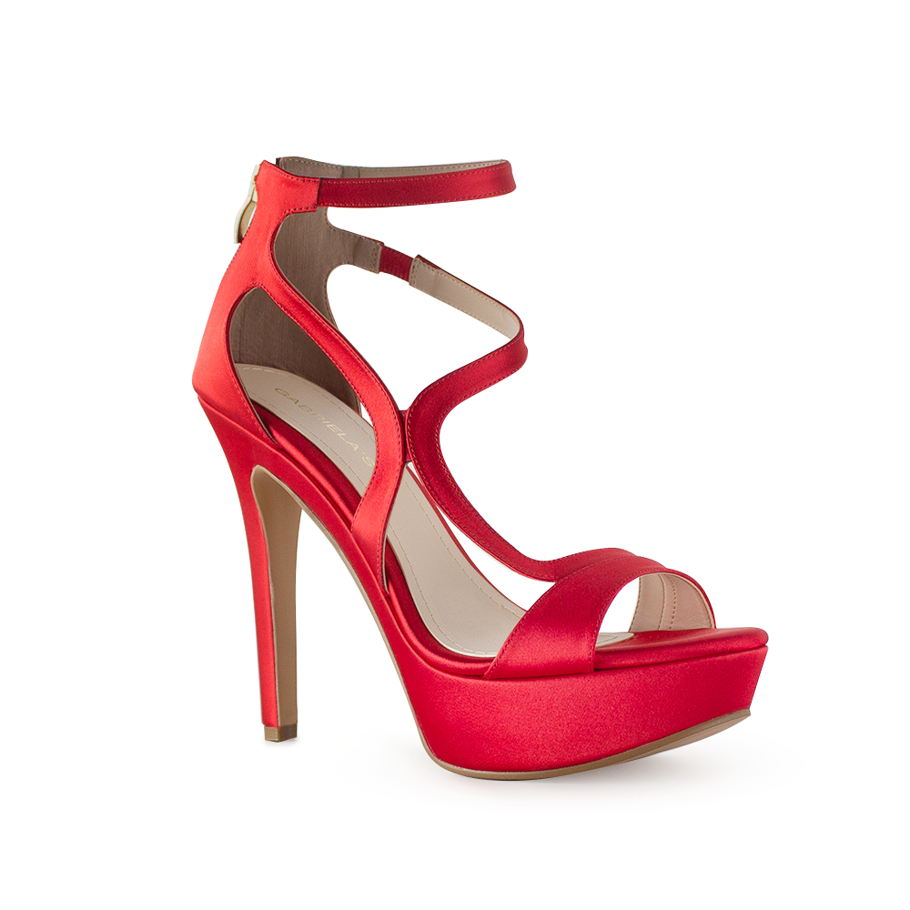 Vista diagonal de zapatilla para mujer con tiras cruzadas y tacón delgado alto de 12cm en color rojo