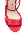 Vista de material shantung en zapatilla roja para mujer con tacón alto delgado de 12cm y diseño descubierto