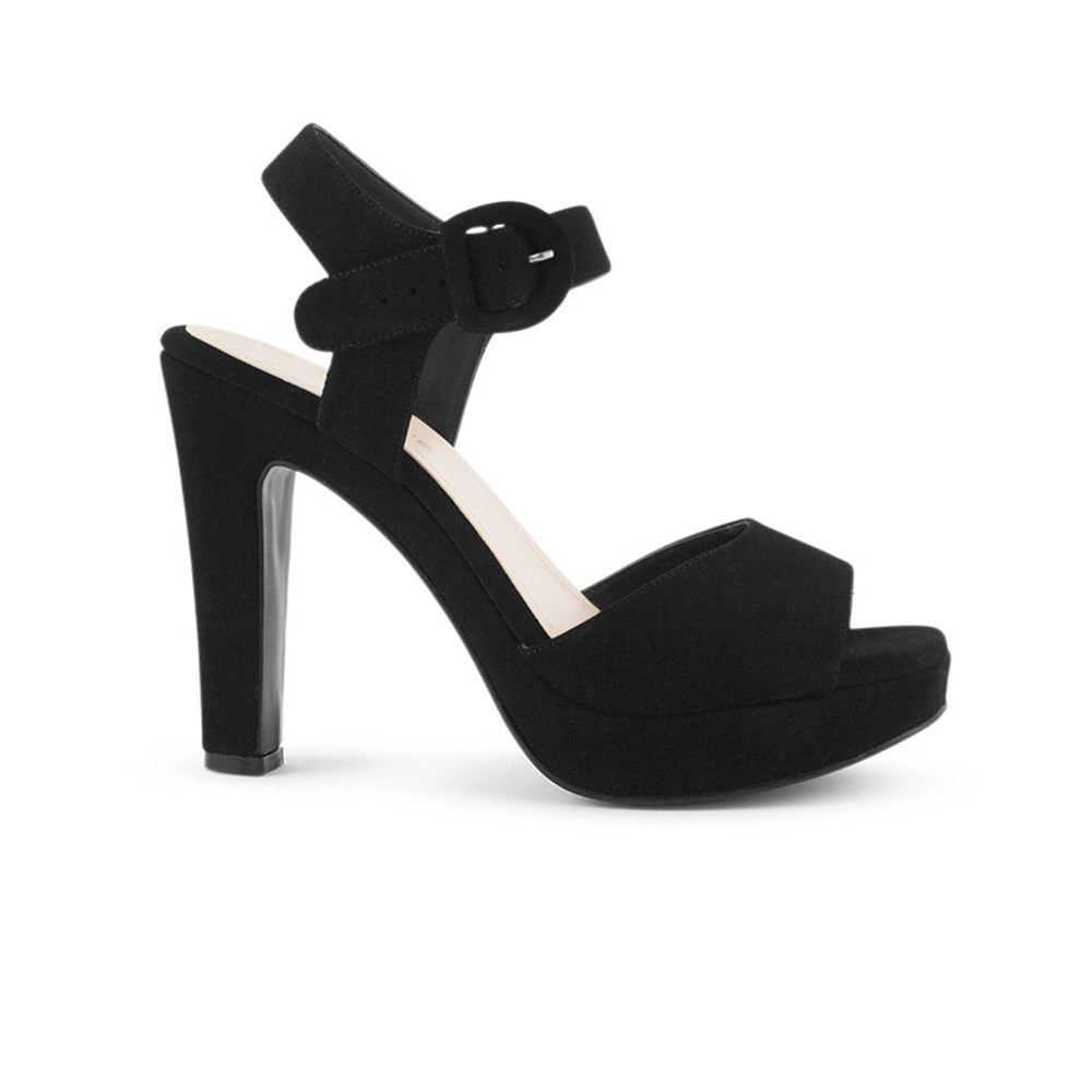 Vista lateral de zapatilla negra para mujer con hebilla forrada plataforma frontal y tacón alto de 11cm