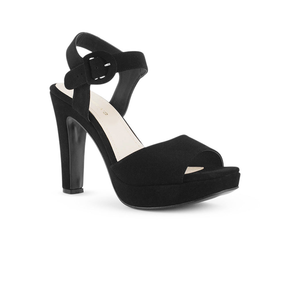 Vista diagonal de zapatilla de diseño descubierto para mujer con tacón alto de 11cm plataforma frontal y hebilla forrada en color negro