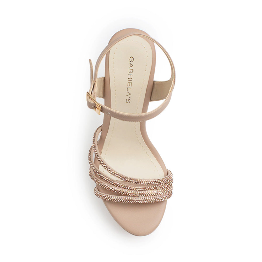 Vista superior de zapatilla nude para mujer con tiras de pedrería pulsera ajustable al tobillo y tacón de 13cm
