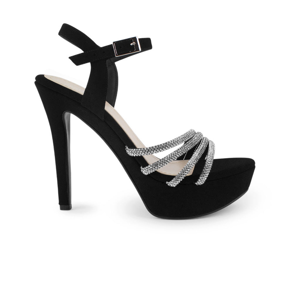 Vista lateral de zapatilla negra para mujer con tiras de pedrería pulsera ajustable y tacón alto delgado de 13cm