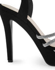 Vista trasera de tacón alto delgado de 13cm en zapatilla negra de diseño descubierto para mujer con pedrería y pulsera ajustable al tobillo