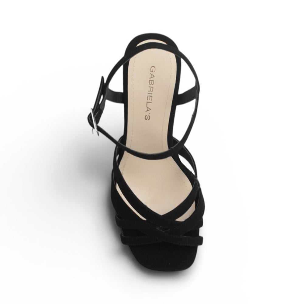 Vista superior de zapatilla negra para mujer con punta cuadrada tiras cruzadas y pulsera al tobillo