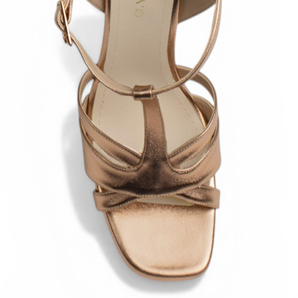 Vista de material sintético en zapatilla para mujer con pulsera y tacón alto de 12cm en color oro rosa 