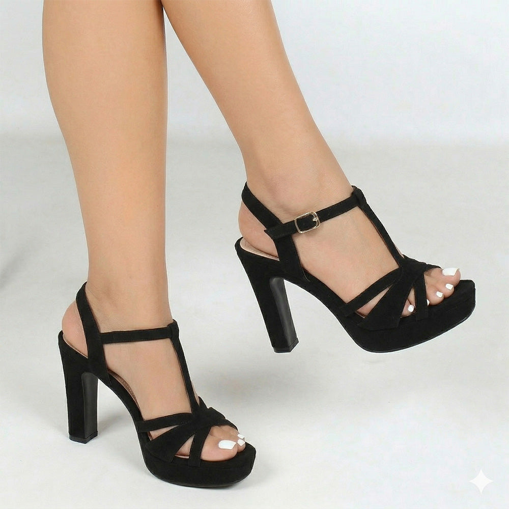 Zapatillas negras de diseño descubierto para mujer con tacón alto de 12cm y pulsera ajustable