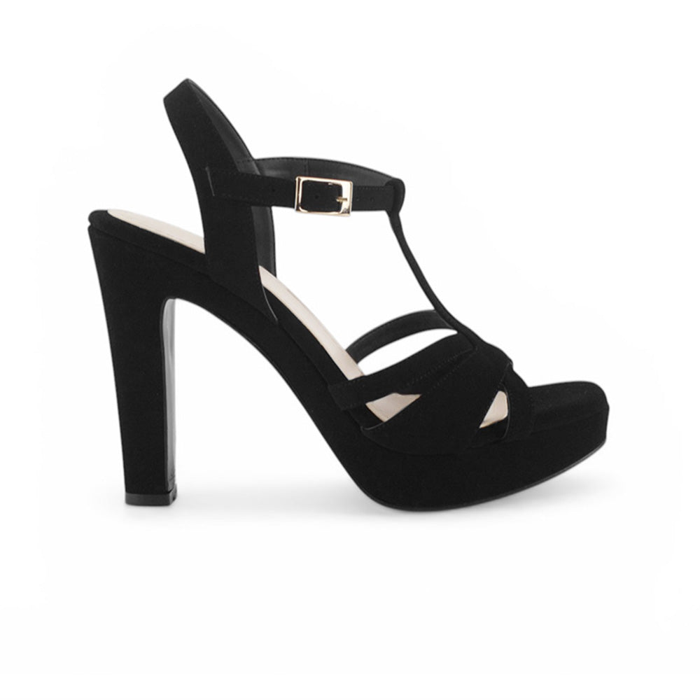Vista lateral de zapatilla negra para mujer de diseño descubierto con tacón alto de 12cm y pulsera ajustable al tobillo