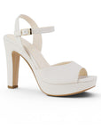 Vista diagonal de la zapatilla beige con plataforma, punta abierta pulsera ajustable al tobillo y tacón alto 12cm para dama 