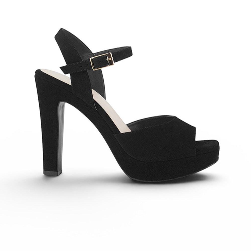 Vista lateral de zapatilla negra para dama con plataforma, pulsera ajustable al tobillo, punta abierta y tacón alto 12cm 