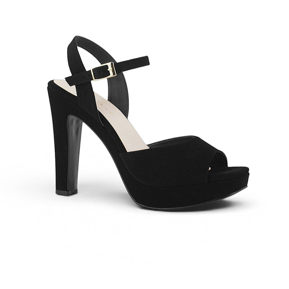 Vista diagonal de la zapatilla negra con plataforma, punta abierta pulsera ajustable al tobillo y tacón alto 12cm para dama 