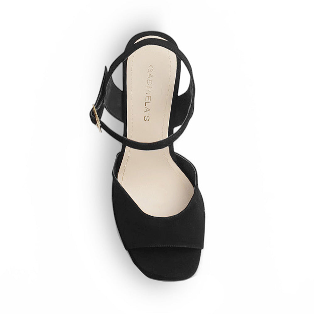 Vista superior de zapatilla para dama negra con punta abierta pulsera ajustable al tobillo y plataforma tacón alto 12cm 