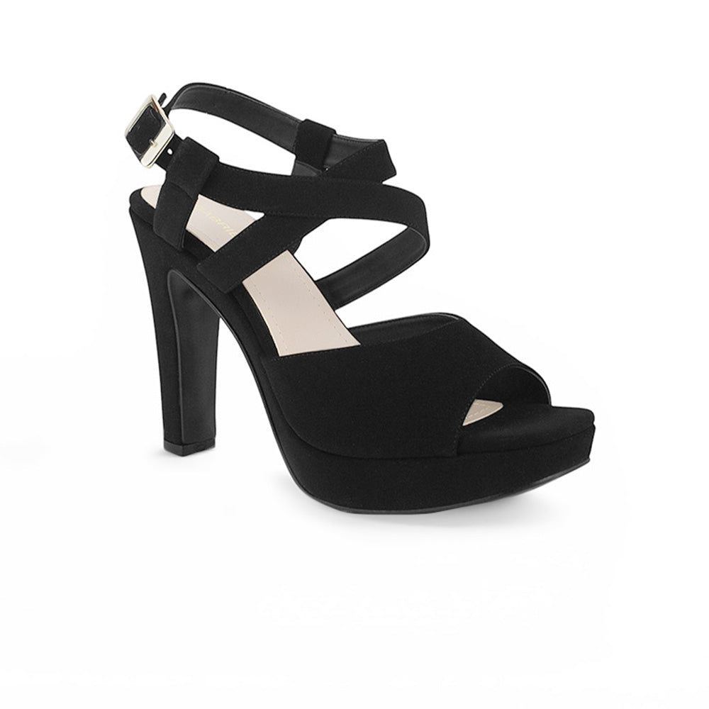 Vista diagonal de zapatilla negra para mujer de diseño descubierto con tacón alto de 12cm y pulsera ajustable