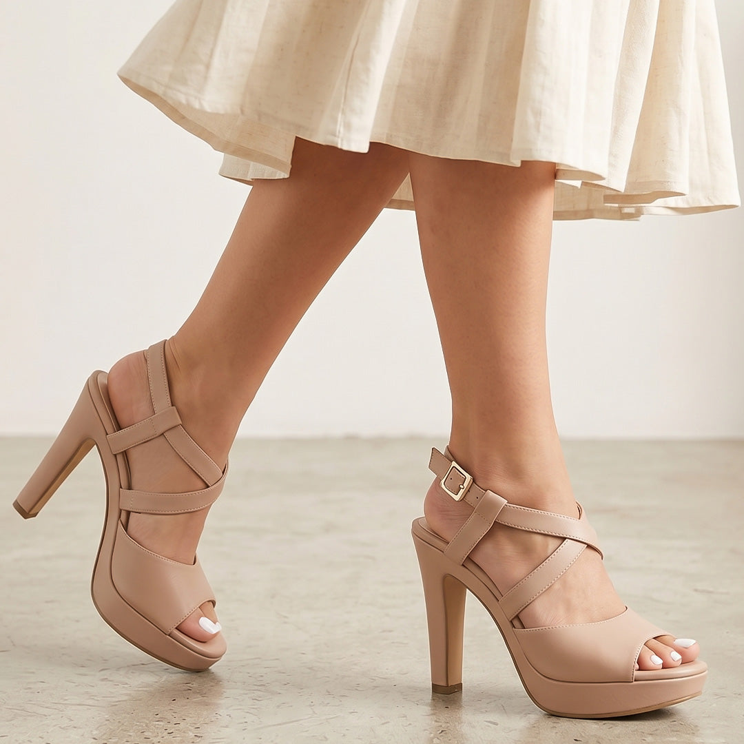 Zapatillas nude de diseño descubierto para mujer con tacón alto de 12cm y pulsera ajustable