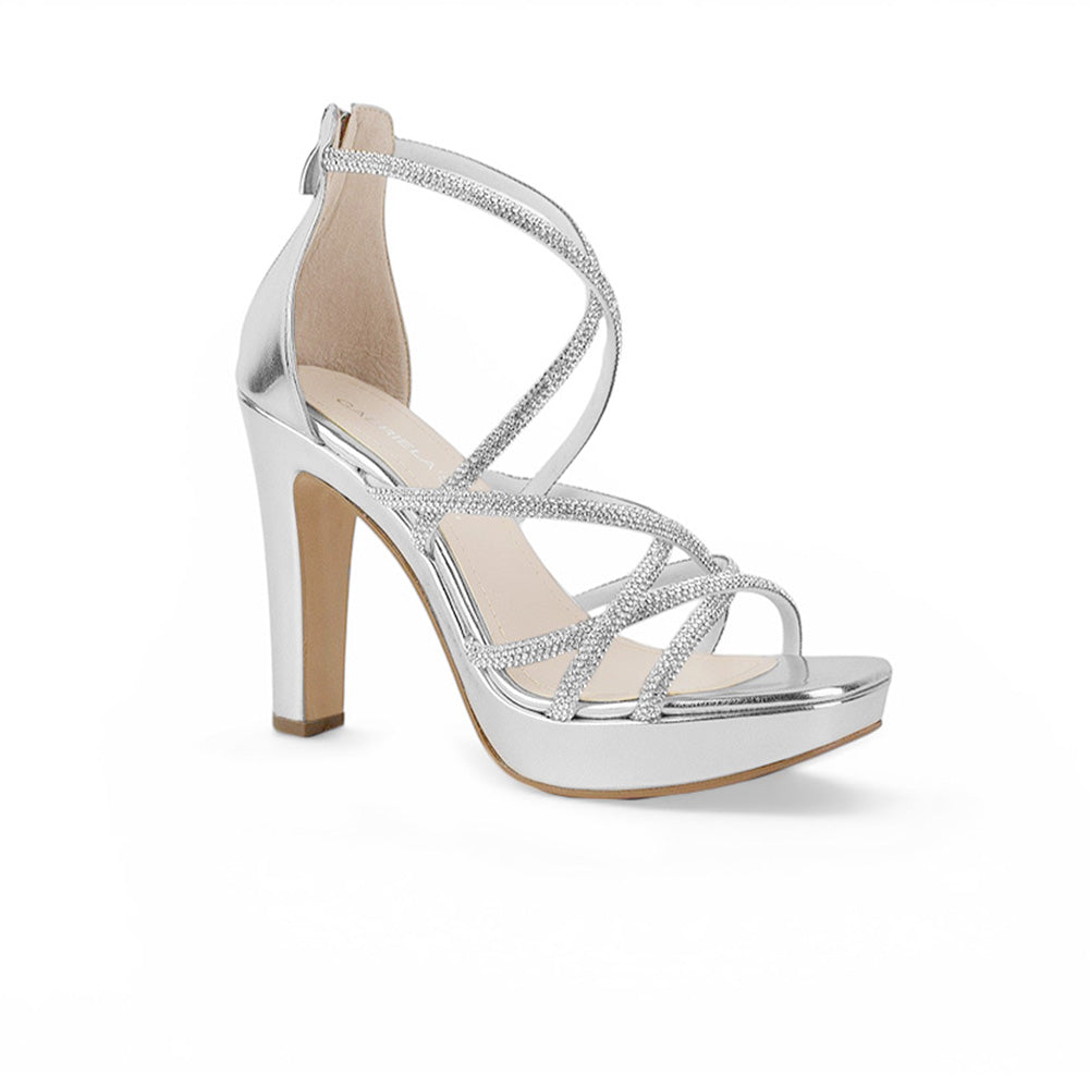 Vista diagonal de zapatilla plateada con pedrería plataforma y tacón alto 11 cm para dama 