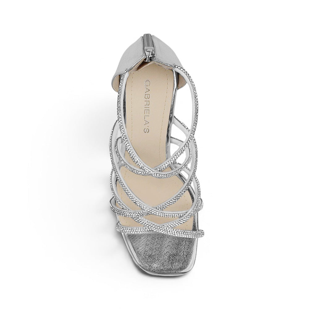 Vista superior de zapatilla plateada para fiesta con pedrería plataforma y tacón alto 11 cm para dama 