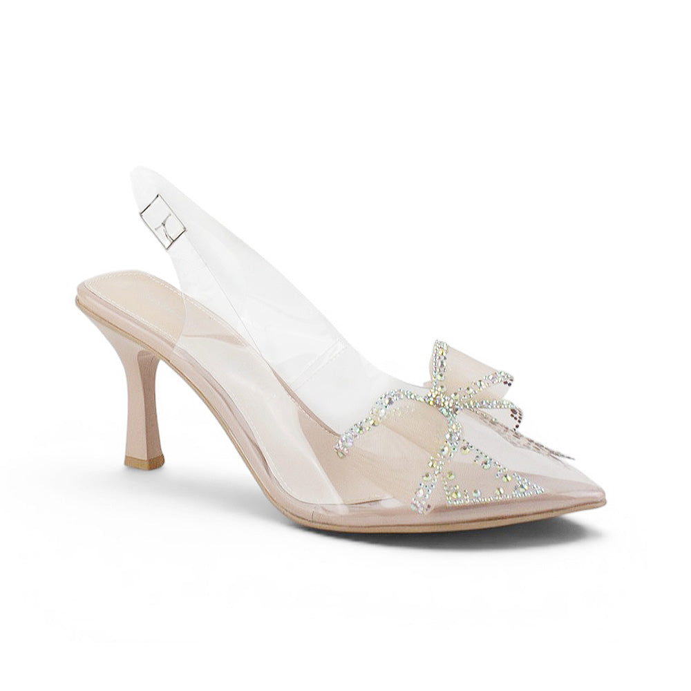 Vista lateral de zapatilla nude stiletto transparente para mujer con correa ajustable y tacón de 9cm
