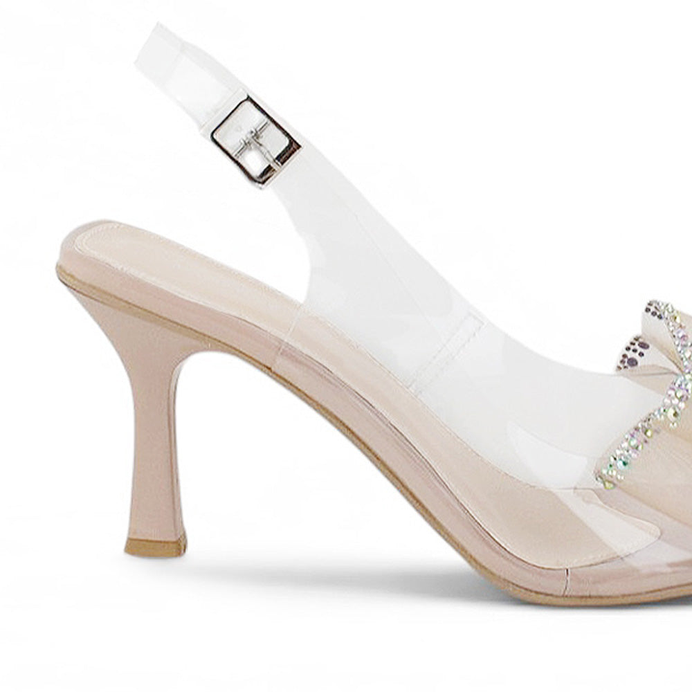 Vista trasera de tacón medio de 9cm en zapatilla nude tipo stiletto con correa ajustable al tobillo destalonada