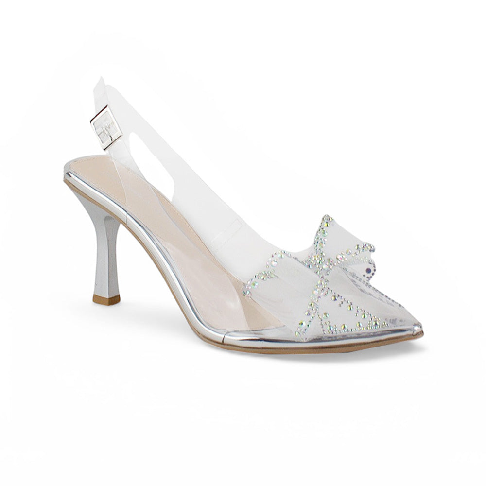 Vista lateral de zapatilla plateadas stiletto transparente para mujer con correa ajustable y tacón de 9cm