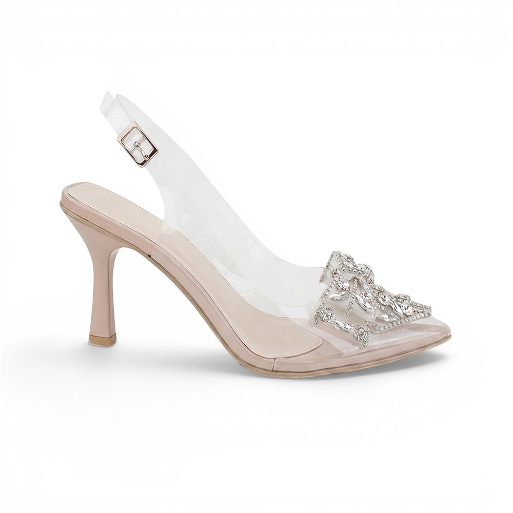 Zapatillas nude destalonadas transparentes para mujer tipo stilettos con pedrería y tacón delgado de 9cm