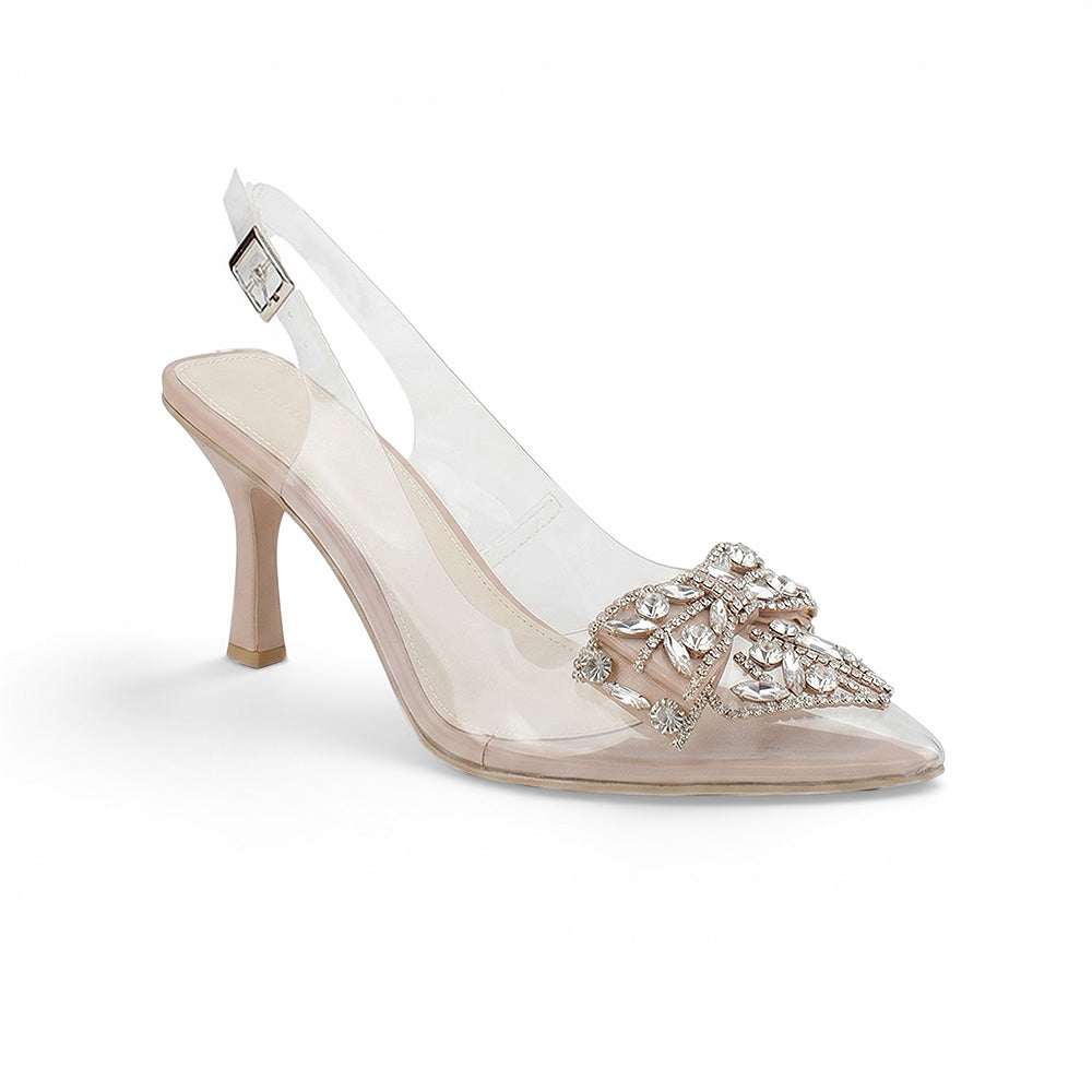 Vista lateral de zapatillas nude destalonadas transparentes para mujer con correa ajustable al tobillo punta fina y tacón de 9cm