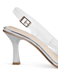 Vista trasera de tacón delgado de 9cm en zapatilla plateada destalonada transparente para mujer con pulsera ajustable al tobillo