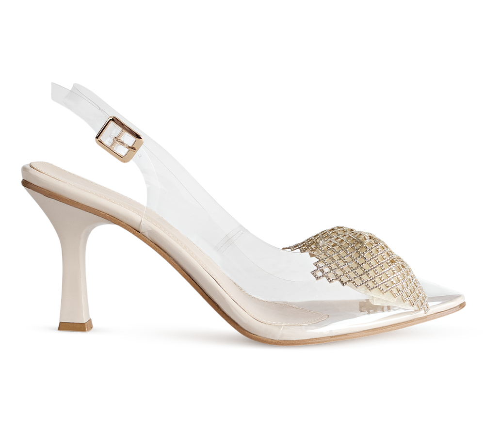 Vista lateral de zapatillas beige destalonada transparente para mujer con correa ajustable al tobillo punta fina y tacón de 9cm
