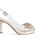 Vista lateral de zapatillas beige destalonada transparente para mujer con correa ajustable al tobillo punta fina y tacón de 9cm