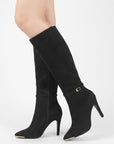 Botas negras para dama con detalles metálicos, punta fina y tacón medio 10cm 