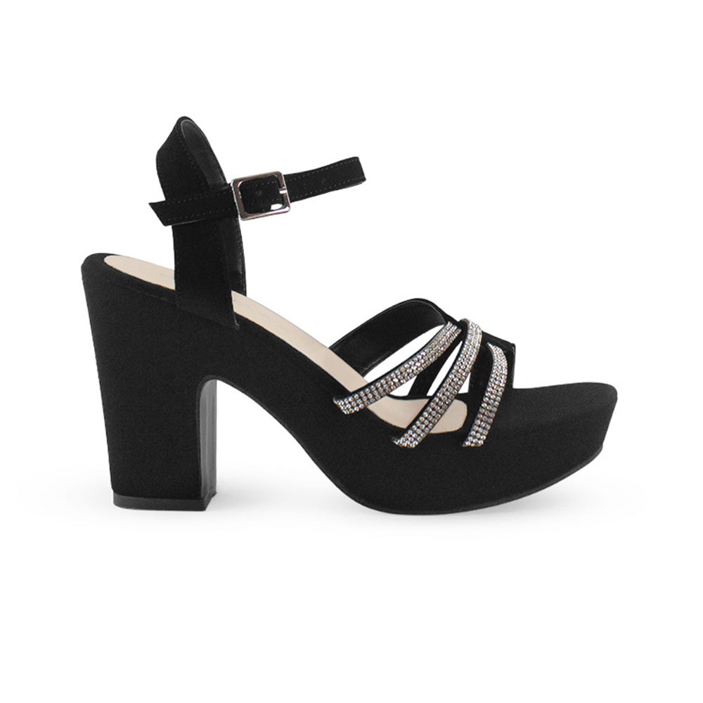 Vista lateral de zapatilla negra de plataforma para mujer con tiras de pedrería y tacón ancho medio de 10cm