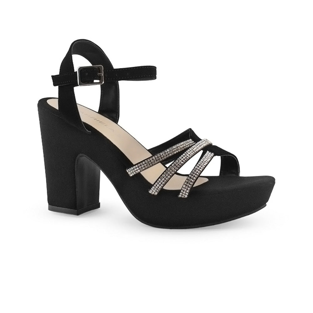 Vista diagonal de zapatilla negra para mujer de plataforma con tacón ancho medio de 10cm tiras cruzadas con pedrería y pulsera ajustable 
