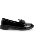 Vista lateral de mocasín negro para mujer de piso con moño en empeine y punta redonda