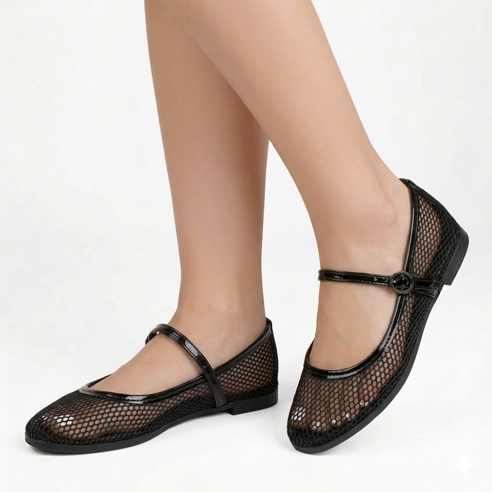 Flats tipo balerinas negras perforadas para mujer con pulsera ajustable y hebilla redonda de piso 