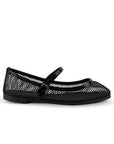 Vista lateral de flats tipo balerinas negras perforadas para mujer con hebilla redonda en pulsera ajustable