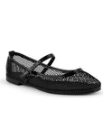 Vista diagonal de flats negros calados para mujer con pulsera ajustable en empeine de piso tipo balerinas 