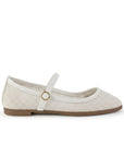 Vista lateral de flats tipo balerinas beige perforadas para mujer con hebilla redonda en pulsera ajustable
